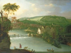 Ansicht der Abtei-Mühle und des Wehrs am Fluss Avon, Bath